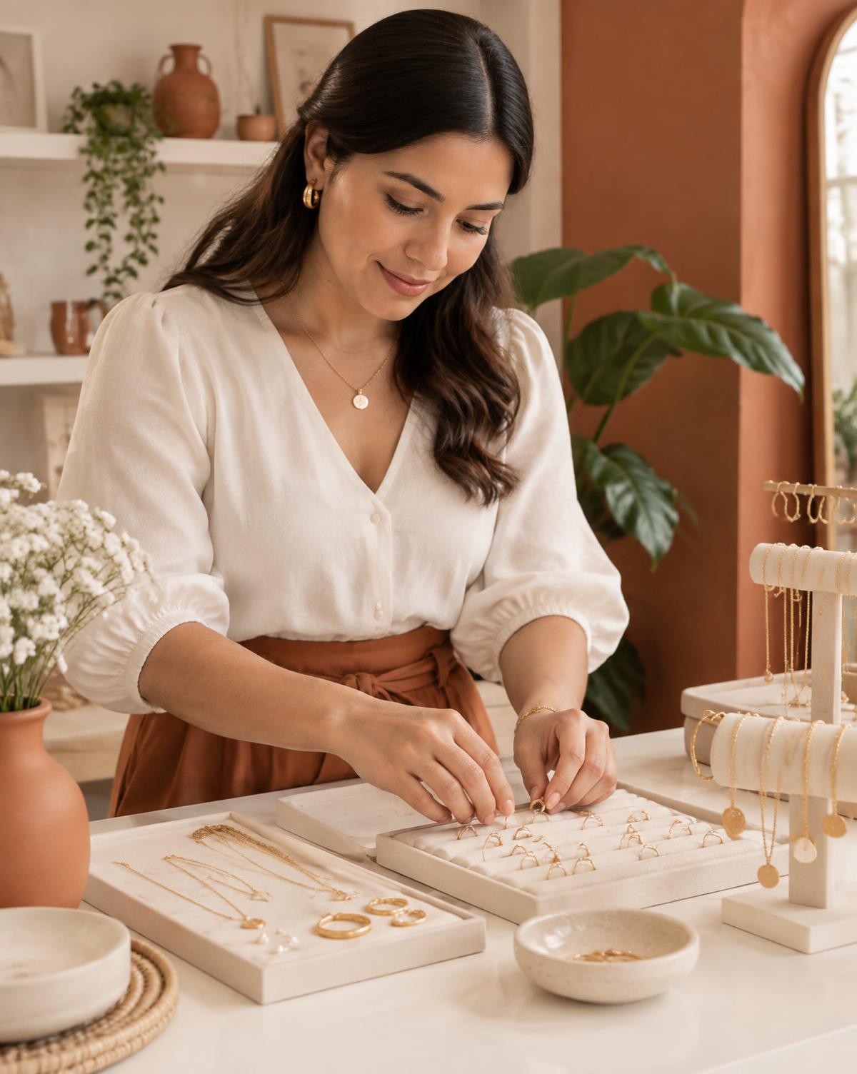 Emprendedora organizando joyas para mostrarlas a sus clientas