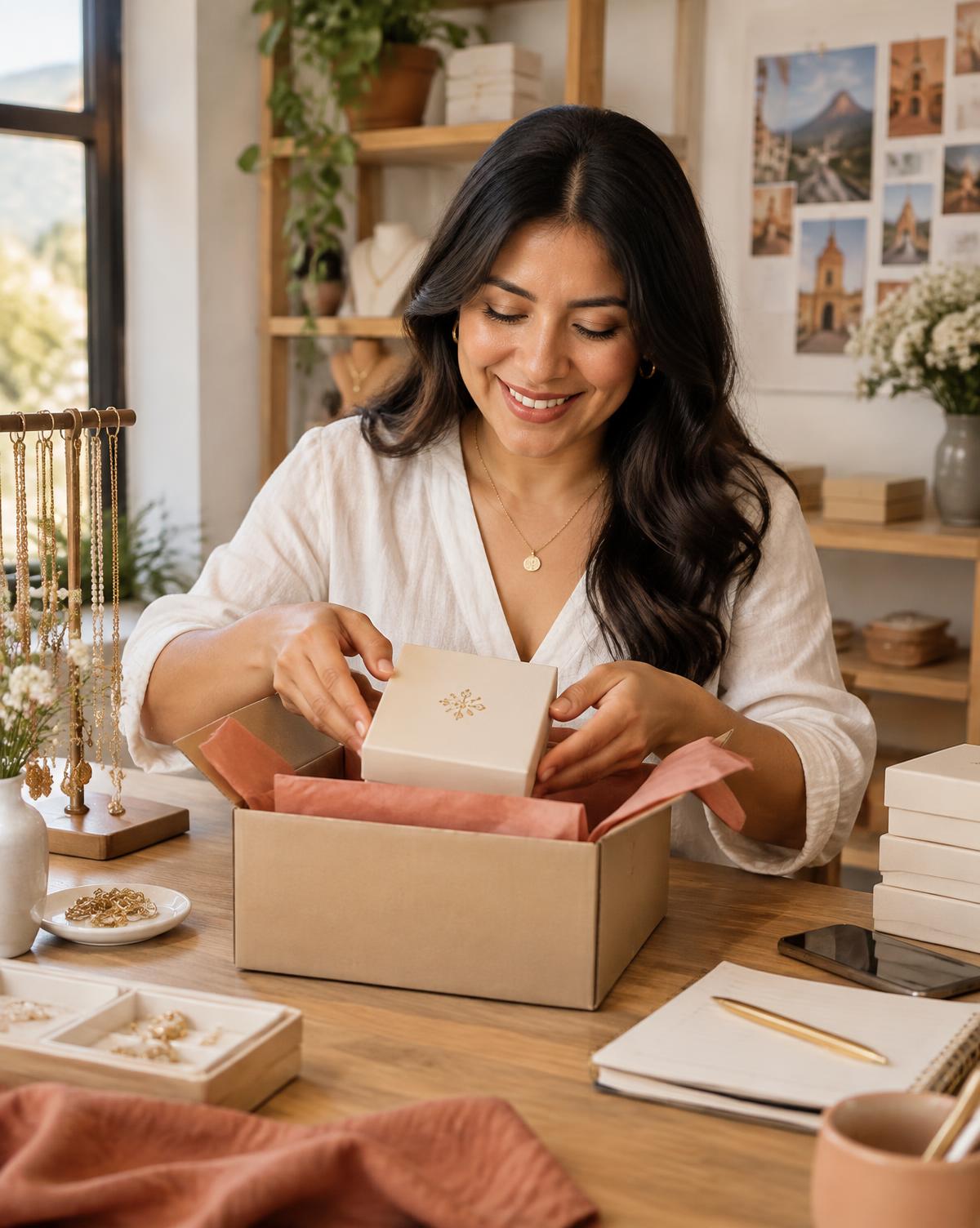 Emprendedora preparando una caja de joyería para un pedido