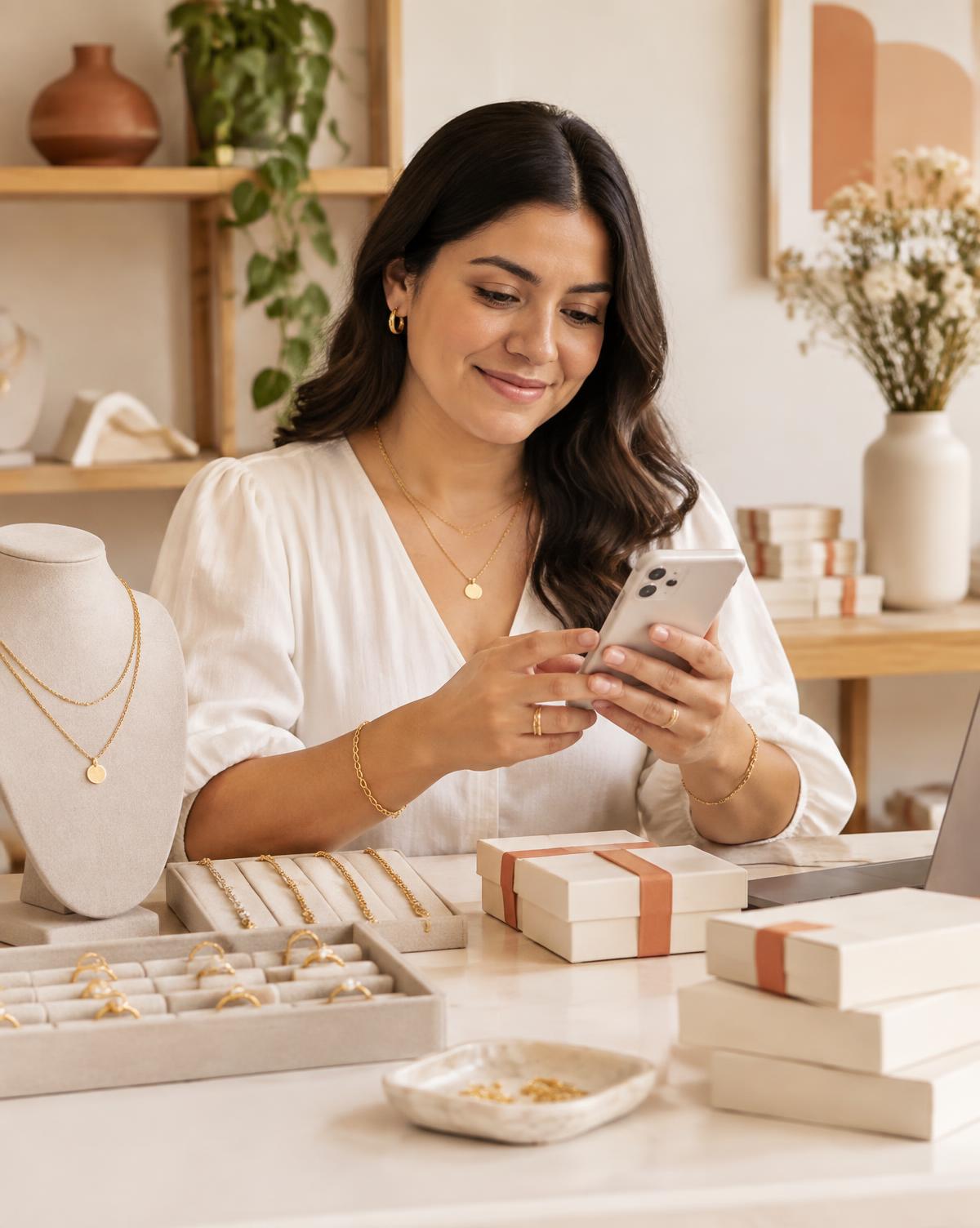 Emprendedora atendiendo pedidos de joyería desde su teléfono