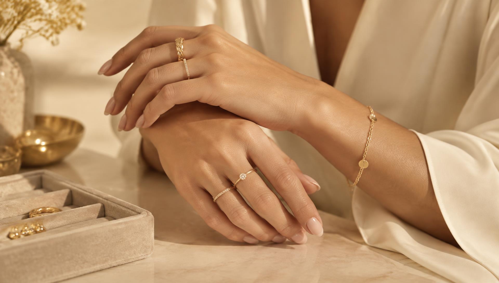 Anillos de oro laminado 18K en las manos de una modelo